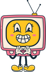 Old Television Character Groovy Retro Cartoon make Heart Shape with Love Hand Gesture
