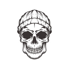 skull weraing beenie in vintage style isolated illustration