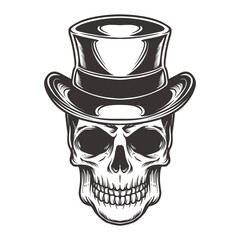 skull wearing magic top hat in vintage style isolated illustration