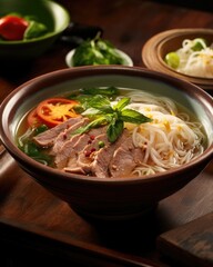 The warmth of an elegant bowl filled with aromatic broth wraps itself around tender slices of slowcooked lamb, delicate rice noodles, and an assortment of fresh vegetables, creating a delightful