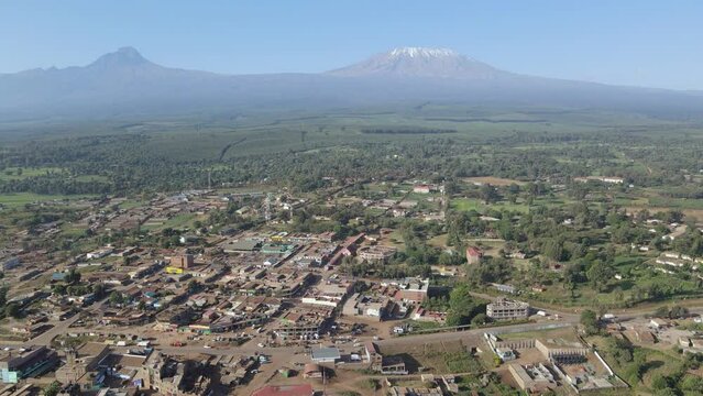 Urban landscape village at footstep of Mount Kilimanjaro, Kenya, aerial