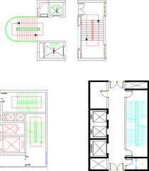 Vector design sketch illustration of a detailed technical drawing section for the placement of stairs and lifts in a multi-storey building