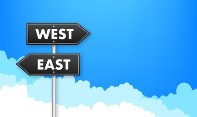 Directional Signposts for East and West with Blue Sky and Clouds Background, Vector Illustration for Travel and Navigation Concepts - obrazy, fototapety, plakaty