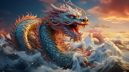 A colorful Chinese brush painting of a highly detailed colorful Chinese dragon baring its fangs. Fly among beautiful clouds Below the picture is a blue sea. The light hits the waves and sparkles. - obrazy, fototapety, plakaty