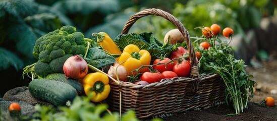 Assorted organic veggies in garden in wicker basket. - obrazy, fototapety, plakaty