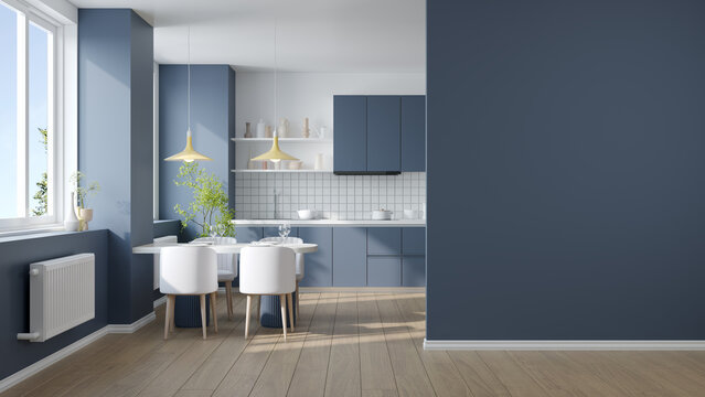 Mockup blue wall in Modern kitchen, 3d rendering