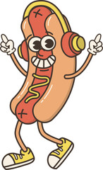 Cute Hot Dog Sandwich wearing Headphone Funky Cartoon Character Retro Groovy Mascot