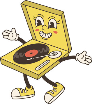 Vinyl Player Funky Cartoon Character Retro Groovy Mascot