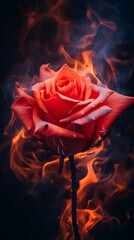 A red rose with flames in the background