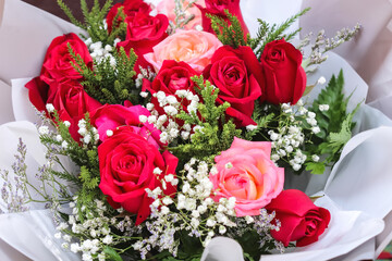 Beautiful red rose flowers bouquet gift colorful background for Valentine day or wedding