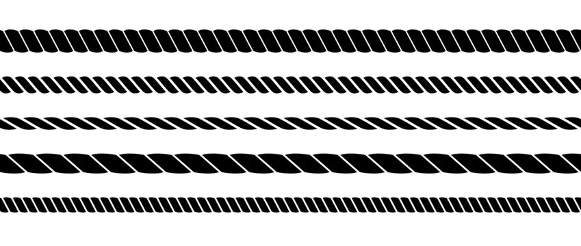Repeating rope set. Seamless hemp cord lines collection. Black chain, braid, plait stripes bundle. Horizontal decorative plait pattern. Vector marine twine design elements for banner, poster, frame