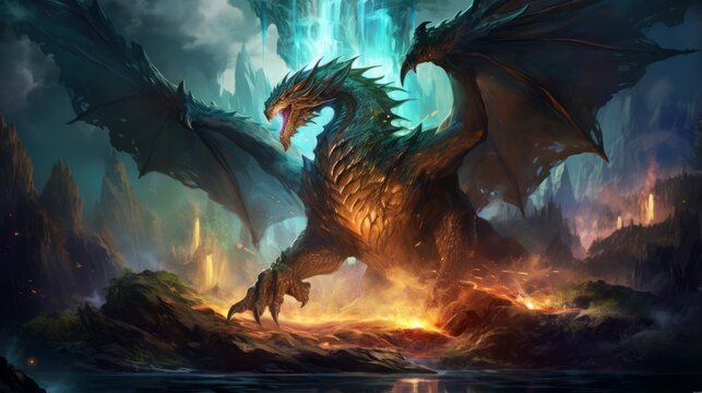 A fantasy themed digital artwork featuring mythical creatures