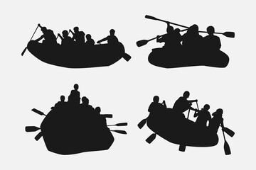 rafting silhouette collection set. hobby, leisure, whitewater river, sport concept. different actions, poses. monochrome vector illustration.