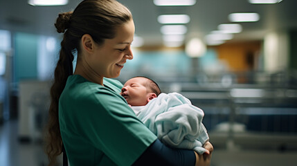 A nurse cradling a day-old infant in her arms, the tender moment captured in a modern hospital setting, the nurse's genuine emotions of nurture and care evident in her expression - obrazy, fototapety, plakaty