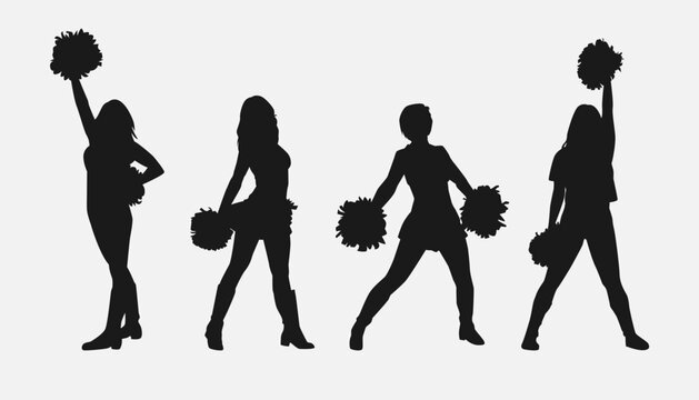 set of cheerleader silhouettes. girls dancing, holding pompoms with various different style, pose, movement. vector illustration.
