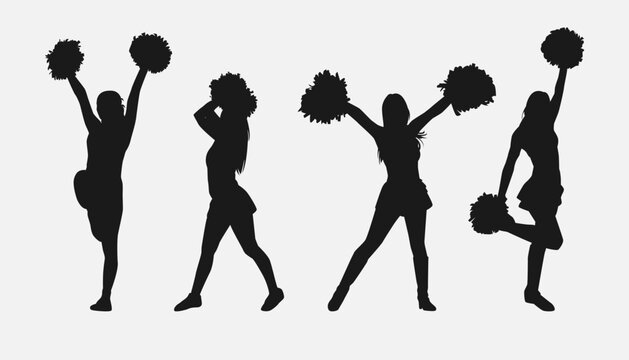 set of cheerleader silhouettes. girls dancing, holding pompoms with various different style, pose, movement. vector illustration.