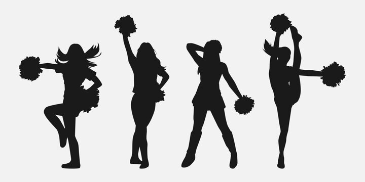 set of cheerleader silhouettes. girls dancing, holding pompoms with various different style, pose, movement. vector illustration.