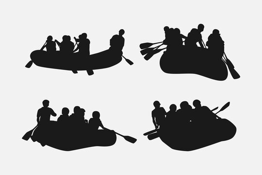rafting silhouette collection set. hobby, leisure, whitewater river, sport concept. different actions, poses. monochrome vector illustration.