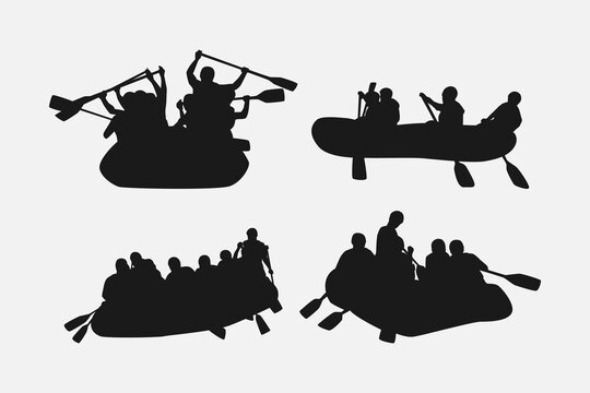 rafting silhouette collection set. hobby, leisure, whitewater river, sport concept. different actions, poses. monochrome vector illustration.
