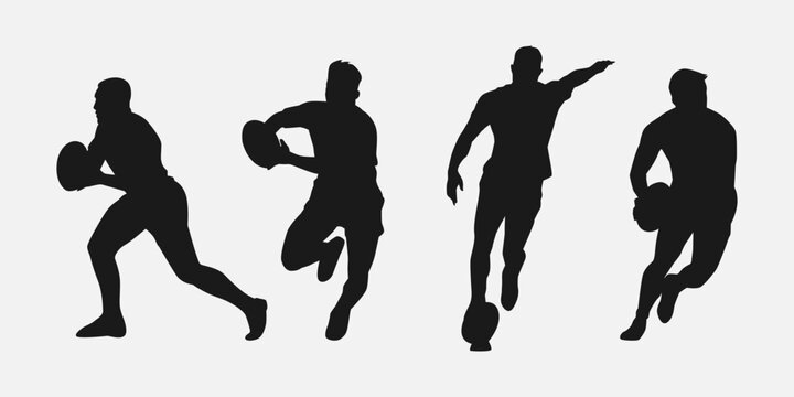 set of silhouettes of male rugby athlete with different pose, gesture. isolated on white background. vector illustration.