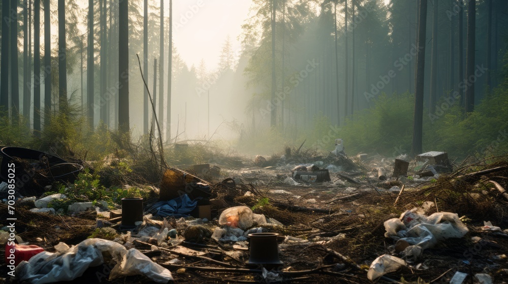 Poster a serene forest scene spoiled by illegal dumping causing visual pollution