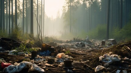 A serene forest scene spoiled by illegal dumping causing visual pollution - obrazy, fototapety, plakaty
