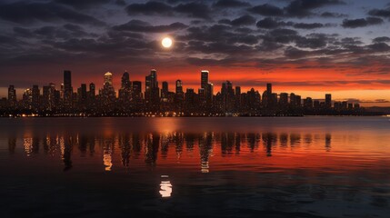 A time   lapse image of the moonrise over a city skyline