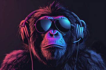  a monkey wearing headphones - obrazy, fototapety, plakaty
