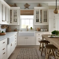 A coastal cottage-style kitchen with beadboard cabinets, wicker baskets, and seaside motifs2