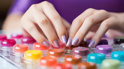 Obraz na płótnie Canvas Close up of hands applying colorful nail polish