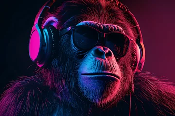 Deurstickers  a monkey wearing headphones © Ainur