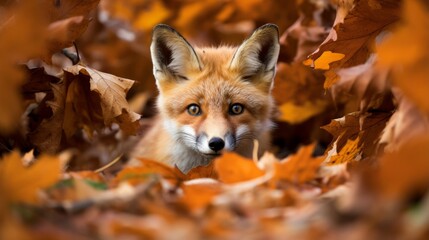 Fox camouflaged in a bed of autumn leaves