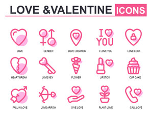 vector illustration valentine.filled line style.contains love,gender,key,broken heart,falling in love,lipstick,beautiful,cupcake,romance arrow,love flower,telephone,iloveyou.icon set editable stroke.