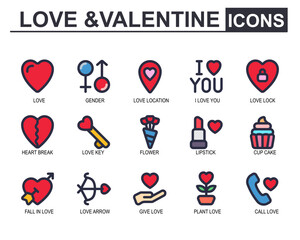 icon set valentin.modern style.contains love,gender,key,broken heart,falling in love,lipstick,beautiful,cupcake,romance arrow,love flower,telephone,iloveyou.vector illustration editable stroke.
