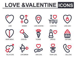 icon set love theme.2 line color.contains heart gender, iloveyou, location, soul mate, broken heart, beautiful, flower bouquet, lipstick, arrow, telephone, love. editable stroke vector illustration.