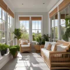 A bright and airy sunroom with wicker furniture, plants, and a view of the outdoors3