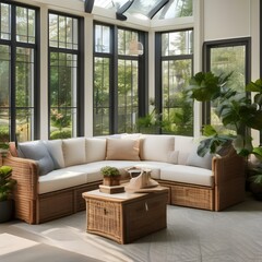 A bright and airy sunroom with wicker furniture, plants, and a view of the outdoors1 - obrazy, fototapety, plakaty