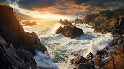 Dramatic coastal landscape with rugged rocks and crashing waves