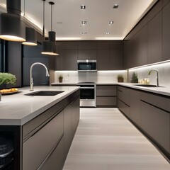 A modern kitchen with sleek countertops, stainless steel appliances, and a minimalist design3