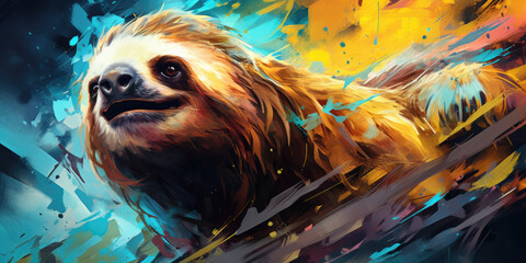 a colorful sloth painting on canvas, generative AI - obrazy, fototapety, plakaty