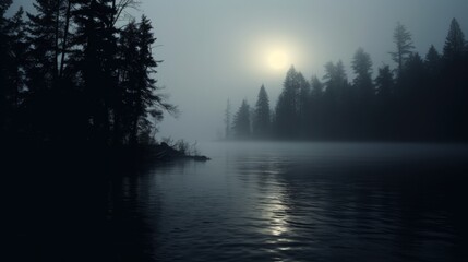Foggy lake with an eerie mist and a full moon above