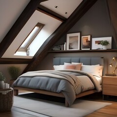 A cozy attic bedroom with slanted ceilings, skylights, and a comfy reading corner2