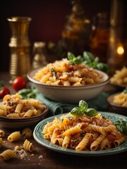 Delicious Italian pasta, food photography, studio lighting and background, famous noodle dish from...