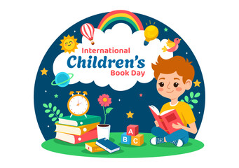 Obraz na płótnie Canvas International Children's Book Day Vector Illustration on 2 April with Kids Reading a Books and Globe Map in Flat Cartoon Background Design