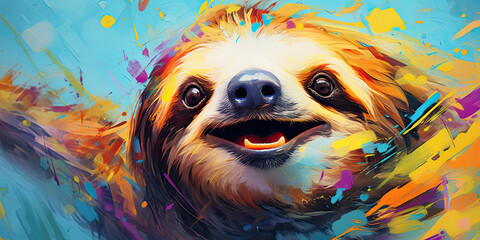a colorful sloth painting on canvas, generative AI - obrazy, fototapety, plakaty