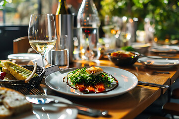  a table topped with plates of food and glasses of wine next to a bowl of salad and a glass of wine...