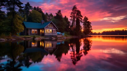 Fototapeta premium Peaceful lakeside cottage with a colorful sunset reflected on the water