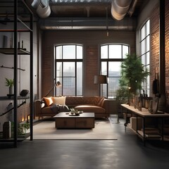 An urban industrial-style loft with exposed pipes, concrete floors, and vintage decor3