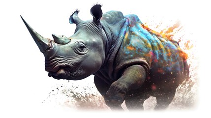 Abstract Artistic Representation Of a Rhinoceros With Vibrant Splash Effects on a White Background