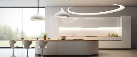 3d rendering white modern design kitchen with lamp